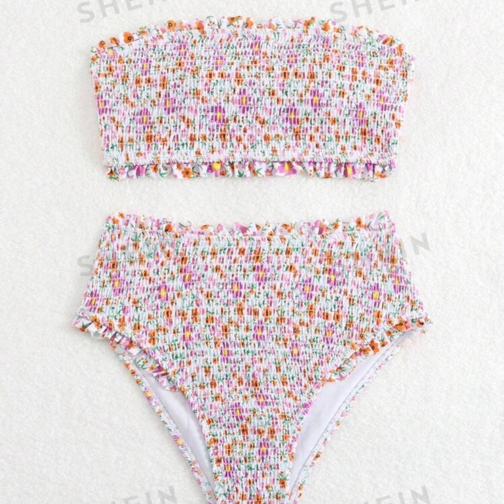 New SHEIN Swim Mod Women Strapless Bandeau Floral Bikini Set